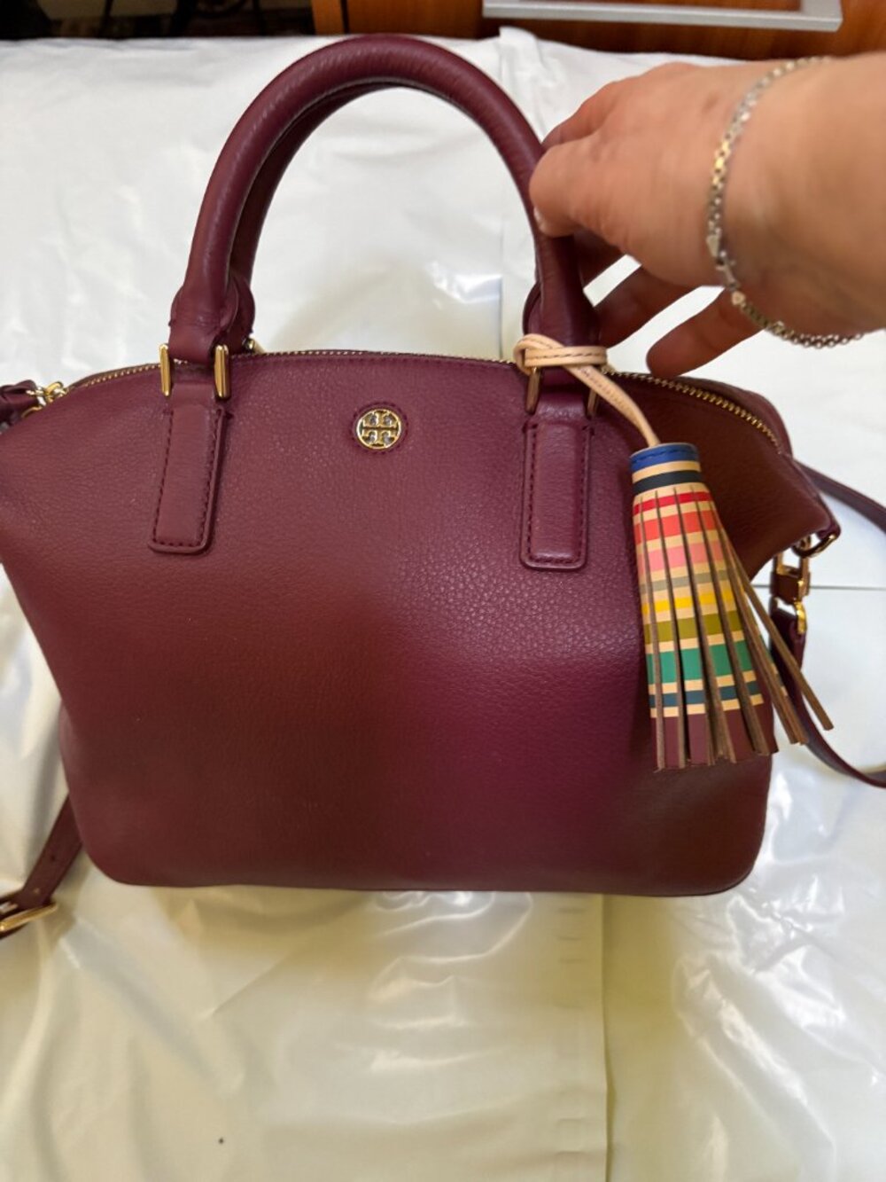 Tory Burch Brody Small Slouchy Satchel  in the rich, Wine-red shade (Shiraz)
